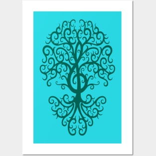 Teal Blue Musical Treble Clef Tree Posters and Art